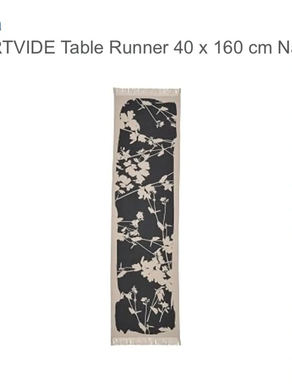 NWT IKEA SVARTVIDE Natural and Dark Grey Floral Table Runner with Fringe